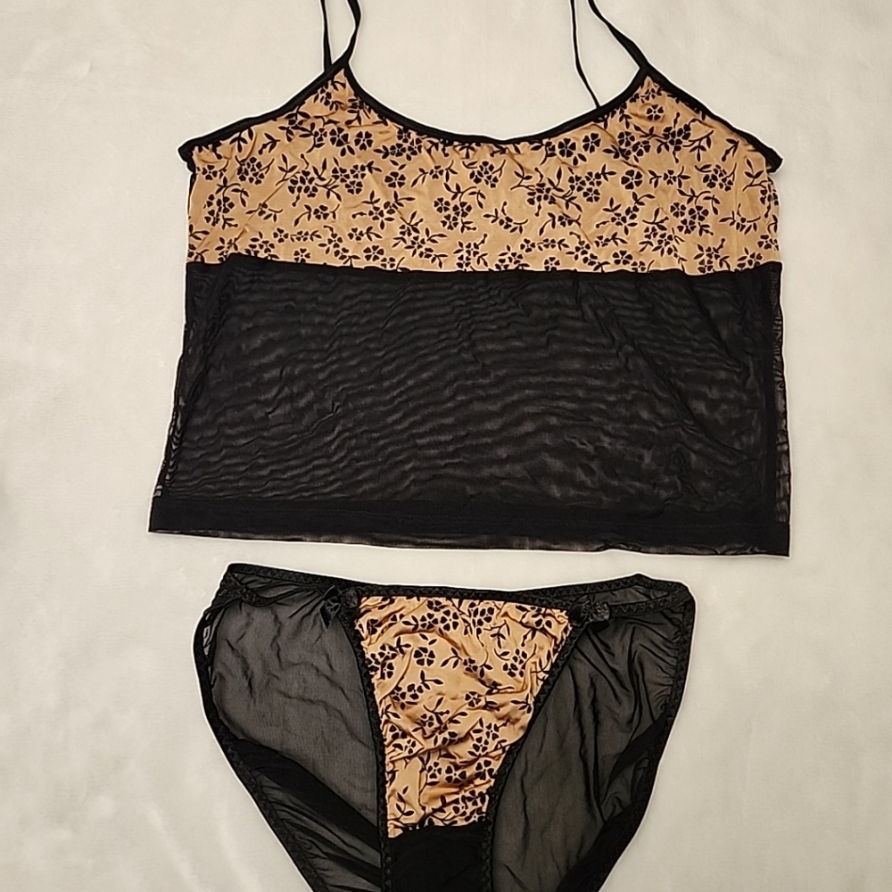 Biatta Intimates Black Brown Floral Vintage Mesh Camisole Set Womens Large New